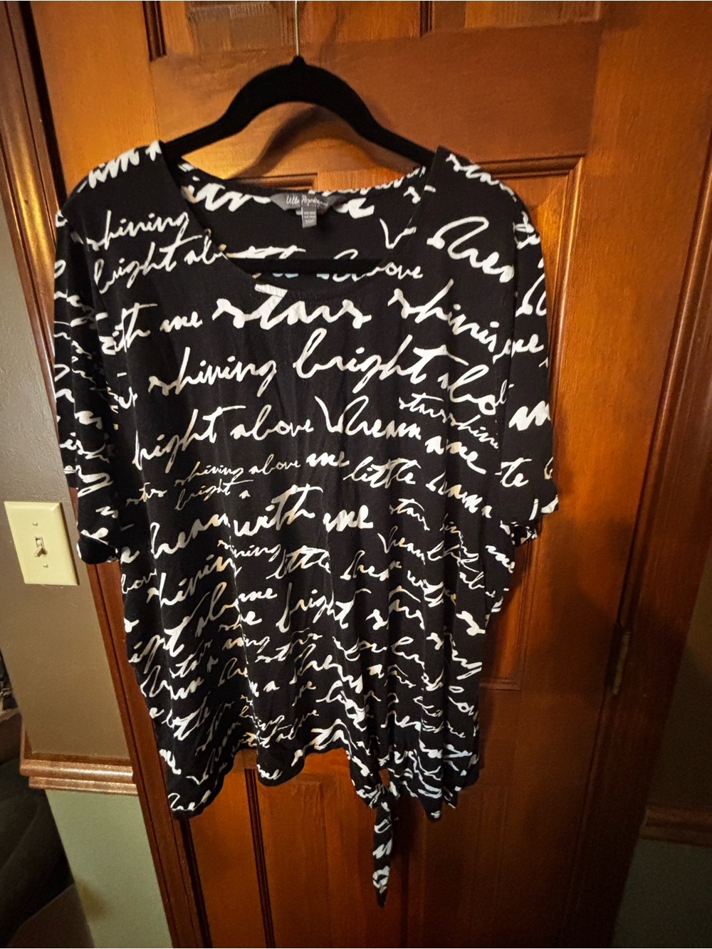 Ulla Popken Black Top with White Script and Tie Front